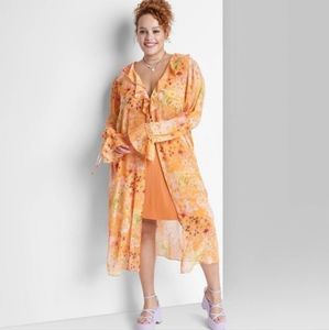 Wild Fable Duster Top Womens Small Orange Floral Maxi Ruffled Party Night Out